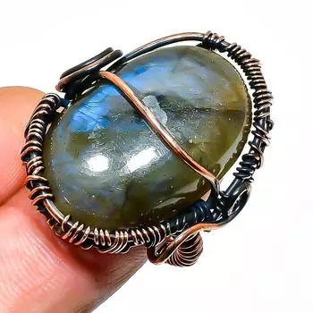 Кольцо с драгоценным камнем лабрадорит, размер 5,5, ручная работа, медная проволока
