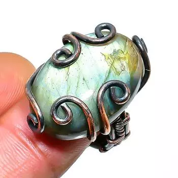 Кольцо с драгоценным камнем лабрадорит, размер 5,5, ручная работа, медная проволока