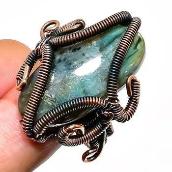 Кольцо с драгоценным камнем лабрадорит, размер 11, ручная работа, медная проволока