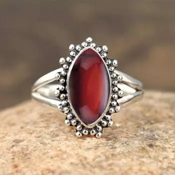 Кольцо с драгоценным камнем маркизы из красного граната, кольцо ручной работы, дизайнерское кольцо, подарок для нее, богемное кольцо, серебряное кольцо 925 пробы 6