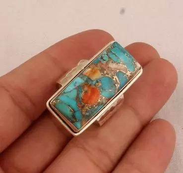 Кольцо с драгоценным камнем Oyster Copper и бирюзой, кольцо ручной работы, прямоугольное кольцо, эффектное кольцо, кольцо с безелем, кольцо для праздничной одежды 6
