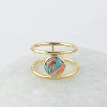 Кольцо с драгоценным камнем Oyster Copper и бирюзой, дизайнерское кольцо ручной работы, серебро 925 пробы, кольцо из желтого золота, кольцо унисекс 6