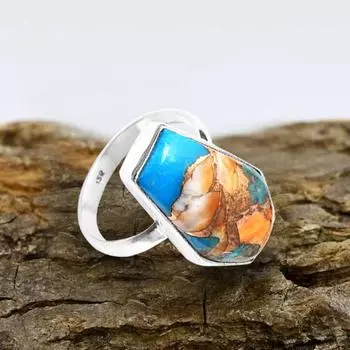 Кольцо с драгоценным камнем Oyster Copper Turquoise, кольцо-гроб, дизайнерское кольцо, уникальный дизайн, подарок для нее, ювелирные изделия из серебра 925 пробы 6
