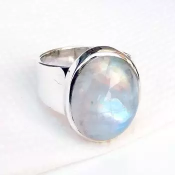 Кольцо с драгоценным камнем Rainbow Moonstone, овальное кольцо, эффектное кольцо, кольцо унисекс, кольцо с безелем, дизайнерское кольцо, кольцо из серебра 925 пробы 6