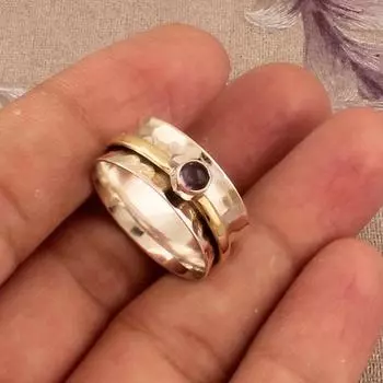 Кольцо с драгоценным камнем с аметистом, Двухцветное кольцо, Кольцо унисекс, Серебряные украшения, Кольцо с камнем по случаю рождения, Кольцо ручной работы, Подарок на годовщину, Серебро 925 пробы 6