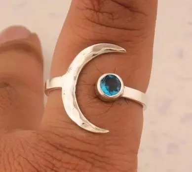 Кольцо с драгоценным камнем с голубым топазом, серебряное кольцо 925 пробы, кольцо в форме полумесяца, штабелируемое кольцо, дизайнерское кольцо, уникальный подарок, кольцо ручной работы, рождественский подарок 5