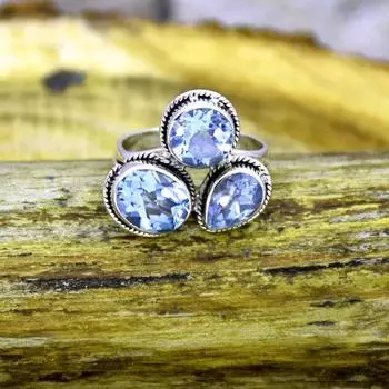 Кольцо с драгоценным камнем с голубым топазом, дизайнерское кольцо ручной работы, кольцо в стиле бохо, серебряные ювелирные украшения, эффектное кольцо, серебро 925 пробы 6
