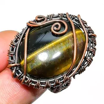 Кольцо с драгоценным камнем тигровый глаз, размер 8,5, ручная работа, медная проволока