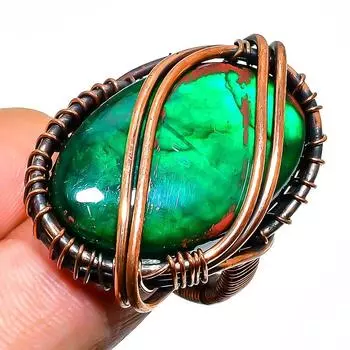 Кольцо с драгоценным камнем зеленый лабрадорит, размер 8,5, ручная работа, медная проволока