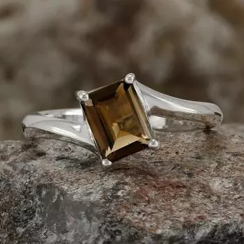 Кольцо с драгоценными камнями из дымчатого кварца Стерлинговое серебро 925 пробы с твердым коричневым камнем Модные кольца для женщин Идея подарка Ювелирные изделия с драгоценными камнями 4,6 г приблизительно 5 коричневый