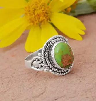 Кольцо с драгоценными камнями из зеленого медно-бирюзового лабораторного камня, кольцо из стерлингового серебра 925 пробы, богемное кольцо, подарок для нее, модные украшения 6