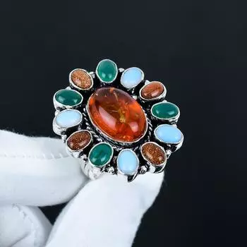 Кольцо с драгоценными камнями: Янтарь, Зеленый оникс, Солнечный камень, Молочный опал, Кольцо из стерлингового серебра 925 пробы, Подарок для нее, Овальный камень, Элегантное кольцо ручной работы, Серебряное кольцо с цветком US 4 оранжевый
