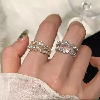 Кольцо с двойным открытым металлическим кольцом из циркония и жемчуга, женское, легкое, роскошное, ретро, изысканное, модное, универсальное кольцо