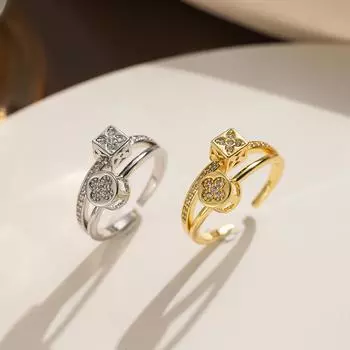 Кольцо с двухслойной микроинкрустацией циркония в виде четырехлистного клевера, простое и модное для женщин, с крутой индивидуальностью и кольцом в виде открытого рта для женщин