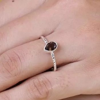 Кольцо с дымчатым кварцем и грушей, дизайнерское кольцо ручной работы, составное кольцо, серебро 925 пробы, подарок на день рождения, кольцо с безелем 6