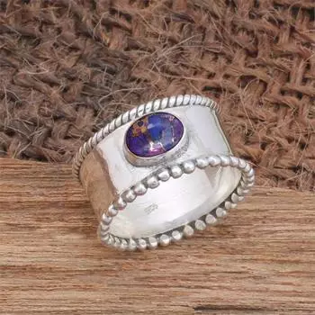 Кольцо с фиолетовым медным бирюзовым камнем, твердое кольцо из стерлингового серебра 925 пробы, ювелирные изделия ручной работы, подарок для него, кольцо-спиннер, подарок унисекс 6