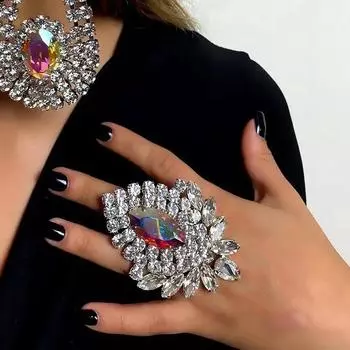 Кольцо с геометрическими стразами и конским глазом, свадебные аксессуары для женщин, эффектное кольцо с кристаллами, регулируемые роскошные ювелирные изделия серебряный