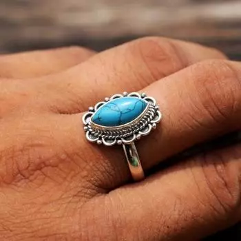 Кольцо с голубой бирюзой, кольцо из стерлингового серебра 925 пробы, кольцо, филигранное кольцо, обручальное кольцо ручной работы, минималистичное кольцо, кольцо на годовщину, подарок для нее Us 6 синий