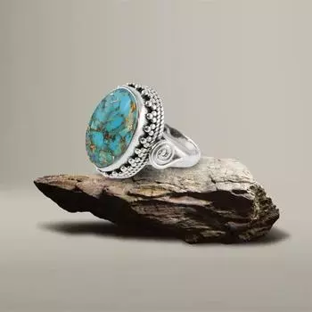 Кольцо с голубым медным бирюзовым драгоценным камнем Стерлингового серебра 925 пробы Ювелирные изделия ручной работы Твердое кольцо для женщин Подарок для особых случаев - прибл. 5,8 г. 5