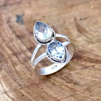 Кольцо с голубым топазом, дизайнерское кольцо, кольцо в стиле бохо, эффектное кольцо, модные украшения, кольцо с камнем по дате рождения, серебро 925 пробы 6