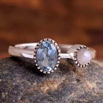 Кольцо с голубым топазом, Ювелирные изделия ручной работы, Серебро 925 пробы, Женские украшения, Подарки для нее, Кольцо с лунным камнем, Ювелирные изделия с драгоценными камнями 4 синий