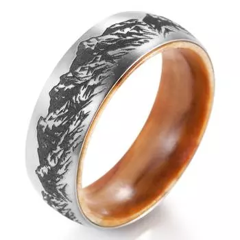 Кольцо с горной сценой, 8 мм, матовое титановое деревянное кольцо, мужское обручальное кольцо, оливковое деревянное кольцо, юбилейное кольцо из чистого титана 7