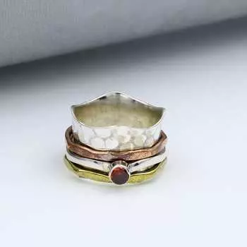 Кольцо с гранатовым камнем, кольцо из стерлингового серебра 925 пробы, трехцветное кольцо, богемное кольцо, дизайнерское кольцо, свадебный подарок 6