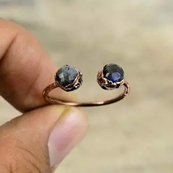 Кольцо с граненым лабрадоритом, гальванопластическое медное кольцо, регулируемые кольца, ювелирные изделия из меди, кольцо с драгоценным камнем ручной работы, подарок для нее, гальванопластические украшения