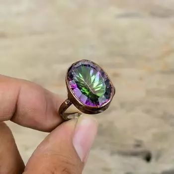 Кольцо с граненым радужным мистическим топазом, медное кольцо, изготовленное гальваническим методом, регулируемое кольцо, кольцо с драгоценным камнем ручной работы, ювелирные изделия, изготовленные гальваническим способом, подарки на годовщину