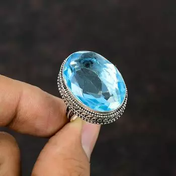 Кольцо с граненым швейцарским синим топазом, кольцо из стерлингового серебра 925 пробы, винтажное кольцо с драгоценным камнем, ювелирные изделия ручной работы, новое кольцо для подарка, доступное в размере кольца 8