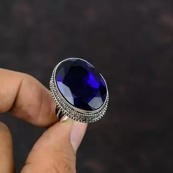 Кольцо с граненым танзанитом и кварцем, кольцо из стерлингового серебра 925 пробы, винтажные ювелирные изделия, кольцо ручной работы из натурального драгоценного камня, подарок для матери, доступно в размере кольца 6