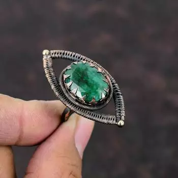 Кольцо с граненым замбийским изумрудом, кольцо из медной проволоки, регулируемое кольцо, ювелирные изделия ручной работы, оригинальное кольцо с драгоценным камнем, медные украшения, подарок на помолвку