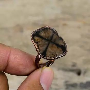 Кольцо с хиастолитом, кольцо из гальванизированной меди, регулируемые кольца, ювелирные изделия ручной работы в стиле бохо, кольцо с драгоценным камнем, ювелирные изделия из гальванической меди, подарок на помолвку