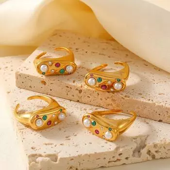 Кольцо с искусственным жемчугом Wind Color Diamond, ретро, открытое, из нержавеющей стали, покрытое настоящим золотом 18 карат, ювелирные изделия для рук No.7