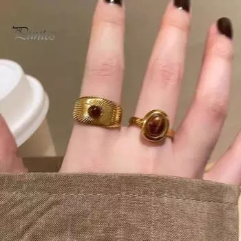 Кольцо с камнем тигровый глаз в форме цветка, ретро-золотое кольцо на указательный палец, гальваническое геометрическое широкое регулируемое кольцо для взрослых, клубных вечеринок, ювелирные изделия B