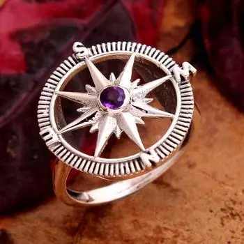 Кольцо с компасом, кольцо с аметистом, ювелирные изделия ручной работы, серебро 925 пробы, серебряное кольцо, подарки для нее 4 фиолетовый