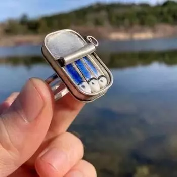 Кольцо с консервированными сардинами, регулируемая окружность, ожерелье с подвеской в виде банки с сардинами, винтажные украшения, ручная роспись A золотистый