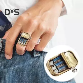 Кольцо с консервированными сардинами, регулируемая окружность, ожерелье с подвеской в виде банки с сардинами, винтажные украшения, расписанное вручную оловянное кольцо A золотистый