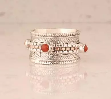 Кольцо с красным кораллом, двухцветное кольцо, серебряное кольцо 925 пробы, эффектное кольцо, ювелирные изделия в подарок на день рождения, кольцо-спиннер, мужское и женское кольцо 6