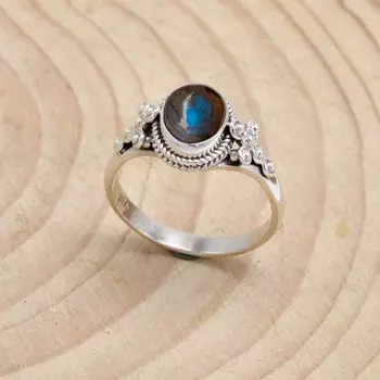 Кольцо с крестом из серебра 925 пробы с лабрадором, женское кольцо ручной работы с камнем, подарок для нее, свадебный подарок, массивное кольцо 4 серый