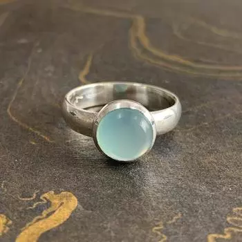 Кольцо с круглым драгоценным камнем из аква-халцедона, эффектное кольцо, подарок на день рождения, кольцо с безелем, штабелируемое кольцо, ювелирные изделия ручной работы, кольцо из серебра 925 пробы 6