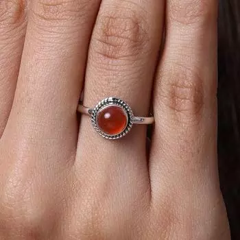 Кольцо с круглым драгоценным камнем из натурального сердолика, эффектное кольцо, дизайнерское кольцо, ювелирные изделия ручной работы, штабелируемое кольцо, подарок для нее, кольцо из серебра 925 пробы 5