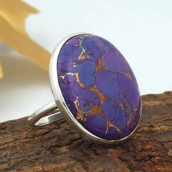Кольцо с круглым драгоценным камнем из фиолетовой меди и бирюзы, большое огромное кольцо, кольцо ручной работы, серебро 925 пробы, кольцо с безелем, эффектное кольцо 6