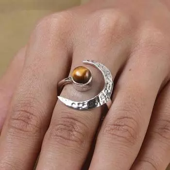 Кольцо с круглым драгоценным камнем «Тигр», Кольцо из серебра 925 пробы, Дизайнерское кольцо, Кольцо ручной работы, Заявление, Модные украшения, Кольцо с Луной 6