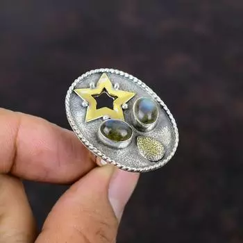 Кольцо с лабрадоритом, кольцо с драгоценным камнем, кольцо из стерлингового серебра 925 пробы, кольцо с позолотой 18 карат, регулируемое кольцо, уникальные ювелирные изделия ручной работы, новое кольцо, подарок для жены Adjustable