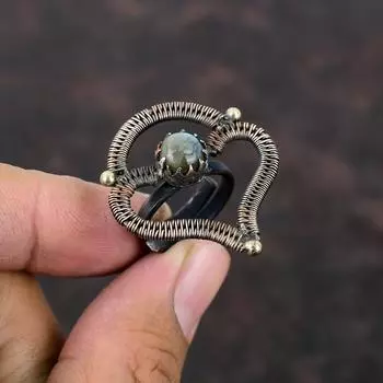 Кольцо с лабрадором Кольцо из медной проволоки Регулируемое кольцо Медные украшения ручной работы Кольцо из натурального драгоценного камня Ювелирные изделия из проволочной обертки Подарок на годовщину