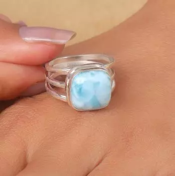 Кольцо с ларимаром, Кольцо с драгоценным камнем, Кольцо из стерлингового серебра 925 пробы, Кольцо ручной работы, Заявление, Кольцо в стиле бохо, Кольцо квадратной формы, Кольцо из натурального ларимара 4 синий