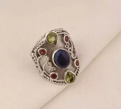 Кольцо с лазуритом, кольцо из цельного серебра 925 пробы, богемное кольцо, кольцо из нескольких камней, эффектное кольцо, дизайнерское кольцо, серебряные украшения 6