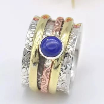 Кольцо с лазуритом, Серебряное кольцо 925, Трехцветное кольцо, Заявление, Кольцо в стиле бохо, Рождественское кольцо, Подарок унисекс, Серебряное кольцо 6