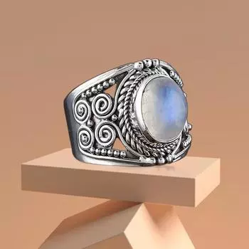 Кольцо с лунным камнем, дизайнерское кольцо ручной работы, эффектное кольцо, кольцо с камнем по дате рождения, богемное кольцо, серебряное кольцо 925 пробы 6